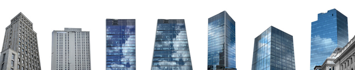 Skyscraper glass office building. Tall modern tower with blue reflective windows, concrete facade