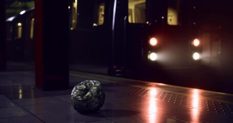 A wrinkled bag sits alone on a subway platform as a train approaches with bright headlights. The atmosphere feels tense with anticipation and curiosity about the abandoned item. - Powered by Adobe