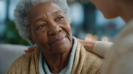 Butler assisting elderly estate owner in reading correspondence, gentle emotion in eyes showing compassion, representing human depth and emotional resilience in lifelong service relationships.