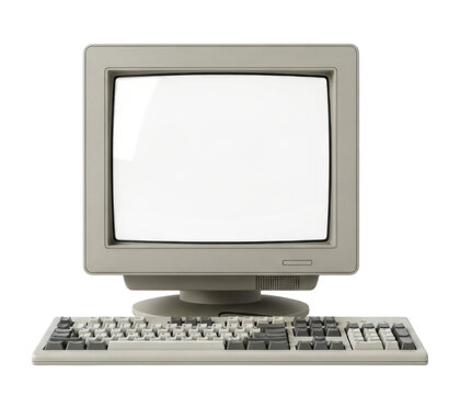 Vintage computer monitor and keyboard transparent background cutout png