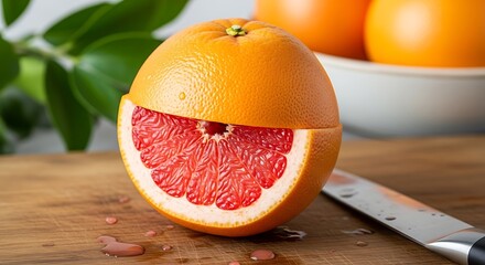 A juicy pink grapefruit is sliced in half on a wooden cutting board with a knife nearby.