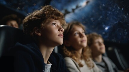 Obraz premium A group of kids explores a planetarium exhibit, with a star projector spinning, constellations glowing, a guide explaining, and plush seats nearby, captured in a cosmic photo with star patterns,