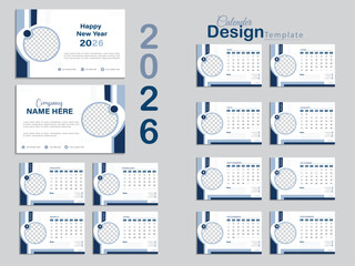 Calendar 2026 corporate template design set. Monthly planner design in corporate and business style, 12 months included. Customizable Template Creative Minimal Design For Corporate Office.