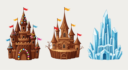 Obraz premium Whimsical fantasy castles, a chocolate confectionary wonderland and a shimmering ice palace, perfect for enchanting storybook adventures and dreamlike designs
