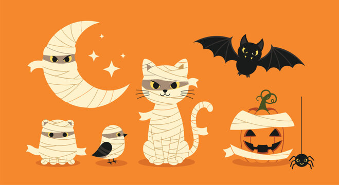 Sweet Halloween illustration featuring cute mummy characters including a moon, cat, bear, bird, and jack-o'-lantern, plus a bat and spider.