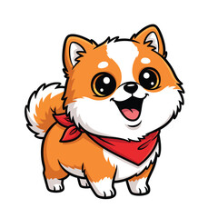 Adorable cartoon Shiba Inu puppy with big shiny eyes wearing a red bandana.