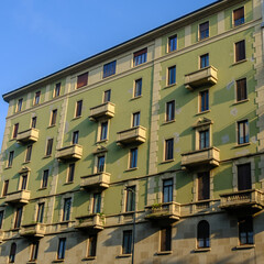 Historic residential buildings along viale Teodorico in Milan, Italy