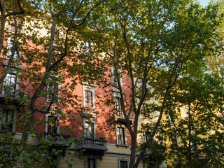 Historic residential buildings along via Ruggero di Lauria in Milan, Italy