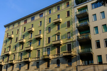 Historic residential buildings along viale Teodorico in Milan, Italy