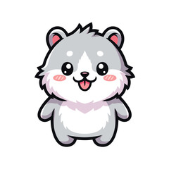 Adorable grey and white cartoon dwarf hamster standing with a happy smiling expression and rosy cheeks.