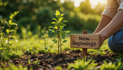 Person planting a tree labeled 'New Beginnings', metaphor for growth and nurturing relationships