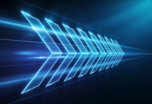Abstract glowing blue arrow shape moving forward with light streaks on dark background