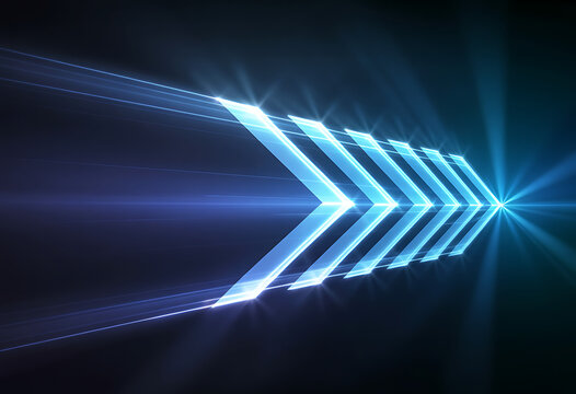 Glowing neon blue arrow shape moving forward with light streaks