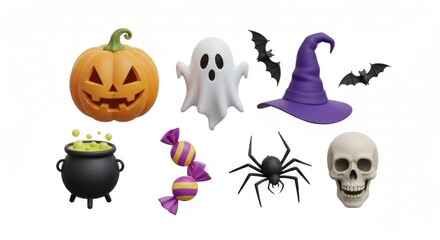 Obraz premium Halloween icons set with pumpkin, ghost, bats, candy, skull, cauldron