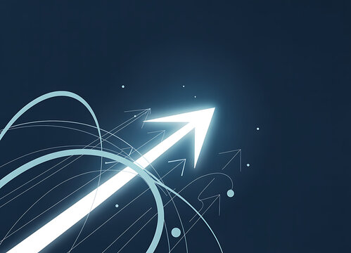 Bright neon arrow points upward through digital network trails