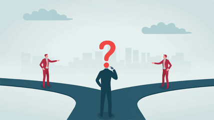 Man standing at a crossroads with a question mark above his head