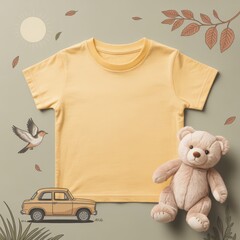 Kids casual t-shirt flat lay mockup, teddy bear nearby. Blank yellow youth tee, lying template, small size. Toddler basic t-shirt template, top view. Children unfolded short sleeve crewneck tee