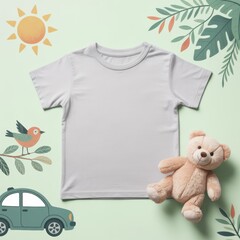 Kids casual t-shirt flat lay mockup, teddy bear nearby. Blank vintage white youth tee, lying template, small size. Toddler basic t-shirt template, top view. Children unfolded short sleeve crewneck tee
