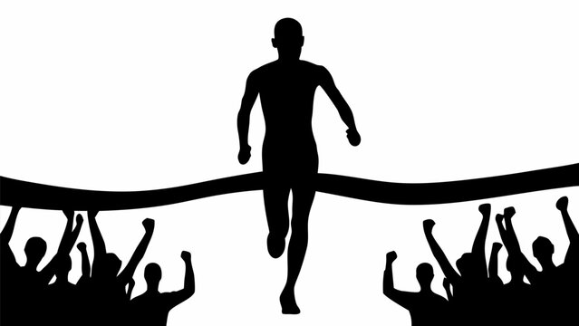 Winning runner silhouette breaking finish line tape cheered by crowd reaching goal success