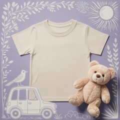 Kids casual t-shirt flat lay mockup, teddy bear nearby. Blank natural youth tee, lying template, small size. Toddler basic t-shirt template, top view. Children unfolded short sleeve crewneck tee