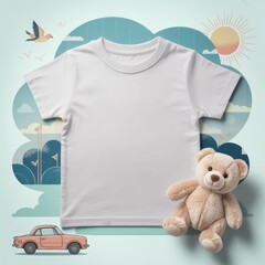 Kids casual t-shirt flat lay mockup, teddy bear nearby. Blank vintage white youth tee, lying template, small size. Toddler basic t-shirt template, top view. Children unfolded short sleeve crewneck tee