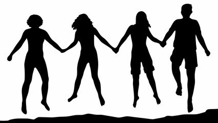 Fototapeta premium Joyful friends jumping together, holding hands, creating a dynamic silhouette of togetherness