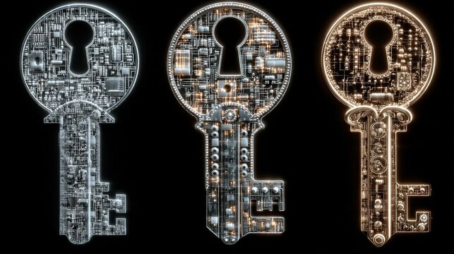 Digital security keys glowing with intricate circuit board designs represent data protection, access, and secure technology in a modern world