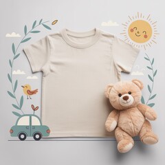Kids casual t-shirt flat lay mockup, teddy bear nearby. Blank natural youth tee, lying template, small size. Toddler basic t-shirt template, top view. Children unfolded short sleeve crewneck tee