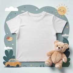 Kids casual t-shirt flat lay mockup, teddy bear nearby. Blank white youth tee, lying template, small size. Toddler basic t-shirt template, top view. Children unfolded short sleeve crewneck tee