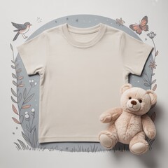 Kids casual t-shirt flat lay mockup, teddy bear nearby. Blank natural youth tee, lying template, small size. Toddler basic t-shirt template, top view. Children unfolded short sleeve crewneck tee