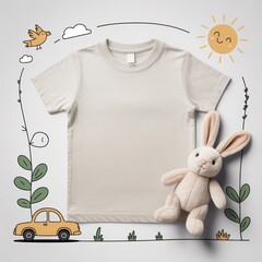 Kids casual t-shirt flat lay mockup, toy bunny nearby. Blank vintage white youth tee, lying template, small size. Toddler basic t-shirt template, top view. Children unfolded short sleeve crewneck tee
