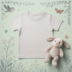 Kids casual t-shirt flat lay mockup, toy bunny nearby. Blank  white youth tee, lying template, small size. Toddler basic t-shirt template, top view. Children unfolded short sleeve crewneck tee
