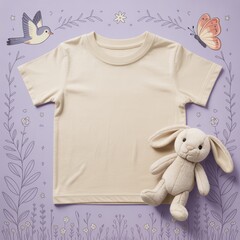Kids casual t-shirt flat lay mockup, toy bunny nearby. Blank natural youth tee, lying template, small size. Toddler basic t-shirt template, top view. Children unfolded short sleeve crewneck tee