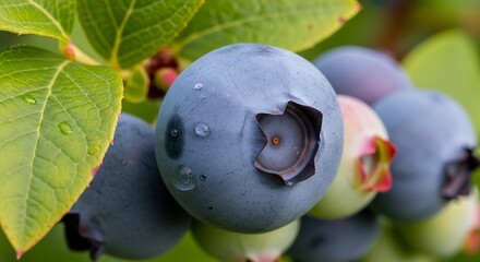 Close-up shot of ripe blueberries on a branch with green leaves, showcasing their natural beauty.