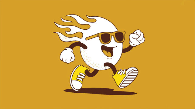 Cartoon egg character with sunglasses running with flames