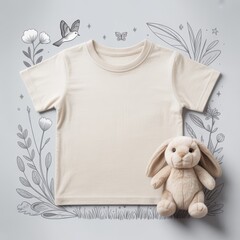 Kids casual t-shirt flat lay mockup, toy bunny nearby. Blank vintage white youth tee, lying template, small size. Toddler basic t-shirt template, top view. Children unfolded short sleeve crewneck tee