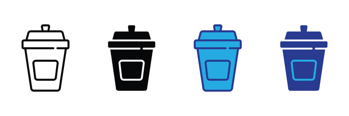 Set of four stylized icons representing disposable cups with lids, including outline, solid black, blue, and dark blue versions, isolated on white background