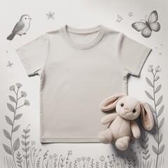 Kids casual t-shirt flat lay mockup, toy bunny nearby. Blank dust youth tee, lying template, small size. Toddler basic t-shirt template, top view. Children unfolded short sleeve crewneck tee