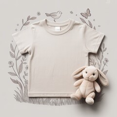 Kids casual t-shirt flat lay mockup, toy bunny nearby. Blank vintage white youth tee, lying template, small size. Toddler basic t-shirt template, top view. Children unfolded short sleeve crewneck tee