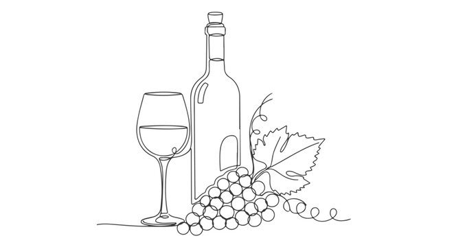 Elegant continuous one-line drawing of a wine bottle, glass, and grapes, perfect for sophisticated beverage and restaurant designs
