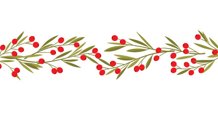 Horizontal seamless border illustration featuring vibrant red berries on green branches, perfect for festive holiday designs and natural accents.