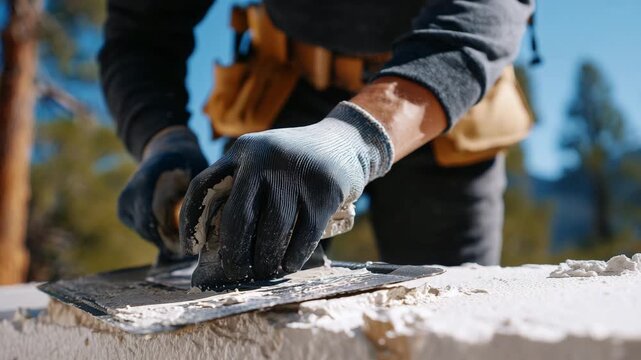 114Close-up of gloved hands pressing trowel against wall, creamy plaster being smoothed, partially finished wall with natural indoor light