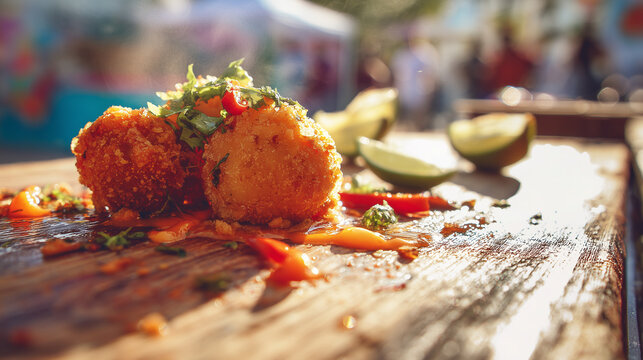 AFROPUNK Bahia, Brazil A Culinary Celebration - Golden Bites and Citrus Delights, Showcasing the Vibrant Flavors of a Cultural Festival, on a Wooden Platter