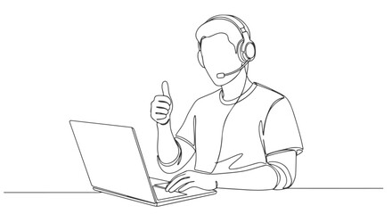 Continuous one line drawing of a young man with headphones and laptop giving a thumbs up, signifying a successful and positive online experience