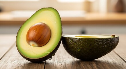 A fresh ripe avocado cut in half with the large seed exposed, resting on a wooden kitchen table with a blurred background.