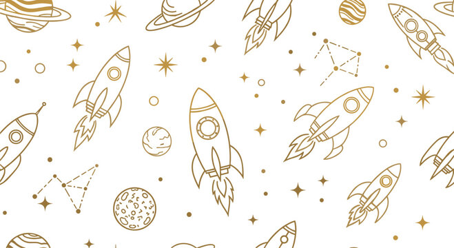 Seamless golden outline pattern of rockets, planets, and constellations against a white background.