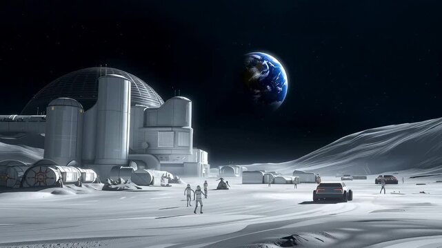 Advanced scientific settlement situated on pristine lunar surface, featuring modular structures, exploration vehicles, and human researchers traversing white extraterrestrial terrain