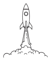 A simple line drawing of a rocket ascending into the sky, emitting smoke and flames from its boosters, symbolizing space exploration.