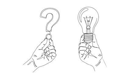 Conceptual one continuous line drawing of hands holding a question mark and an illuminating light bulb, representing the journey from a problem to a brilliant idea or solution