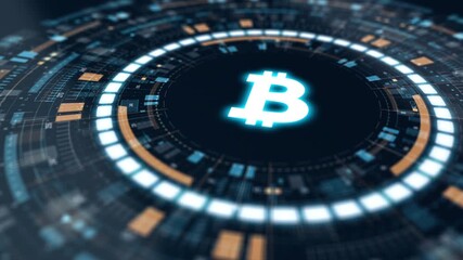 Motion graphic of glowing bitcoin symbol inside futuristic HUD interface, representing cryptocurrency, blockchain, and digital finance technology concept. - Powered by Adobe